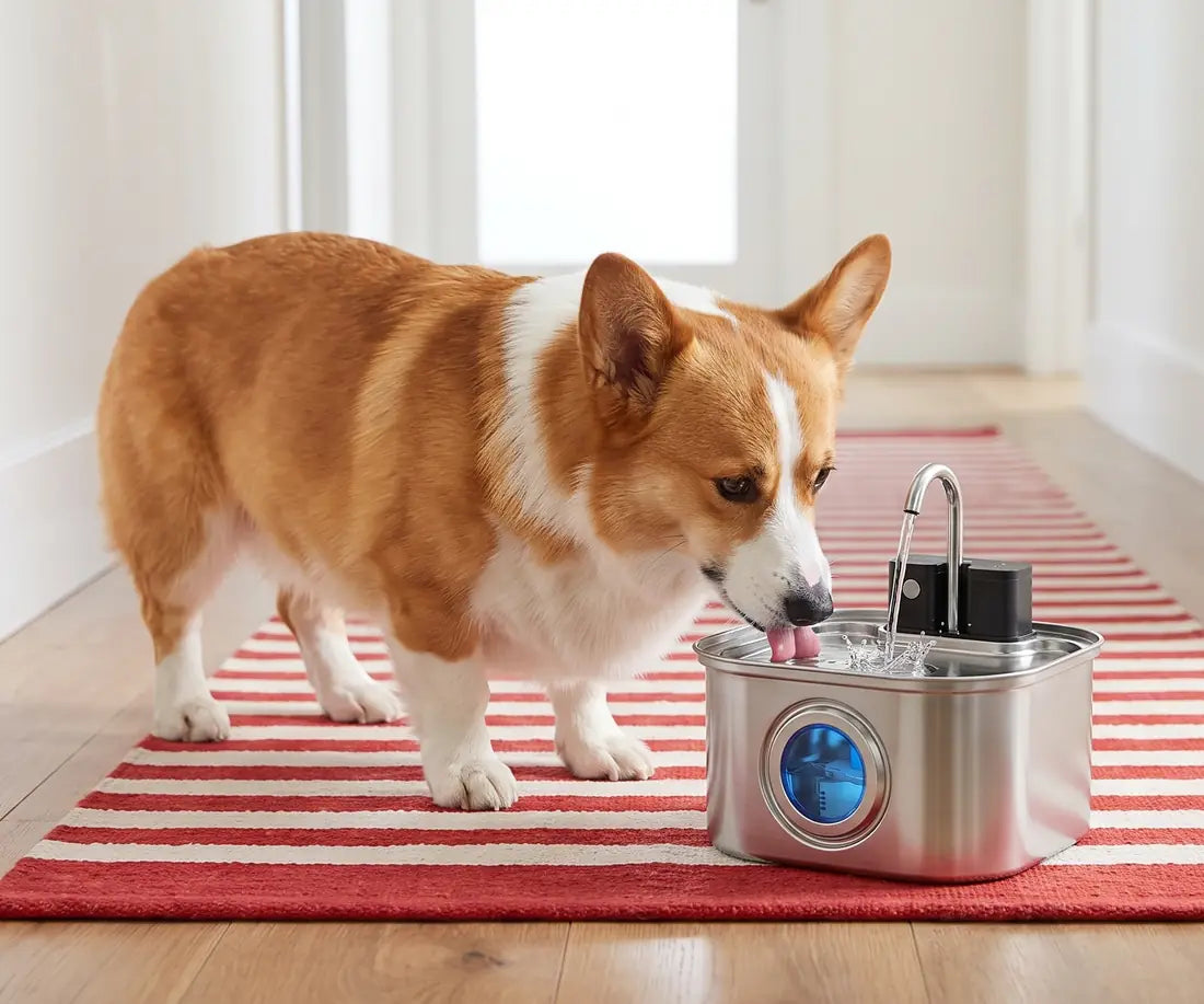 A corgi drinking from KaiShine in a hallway, far from any outlet