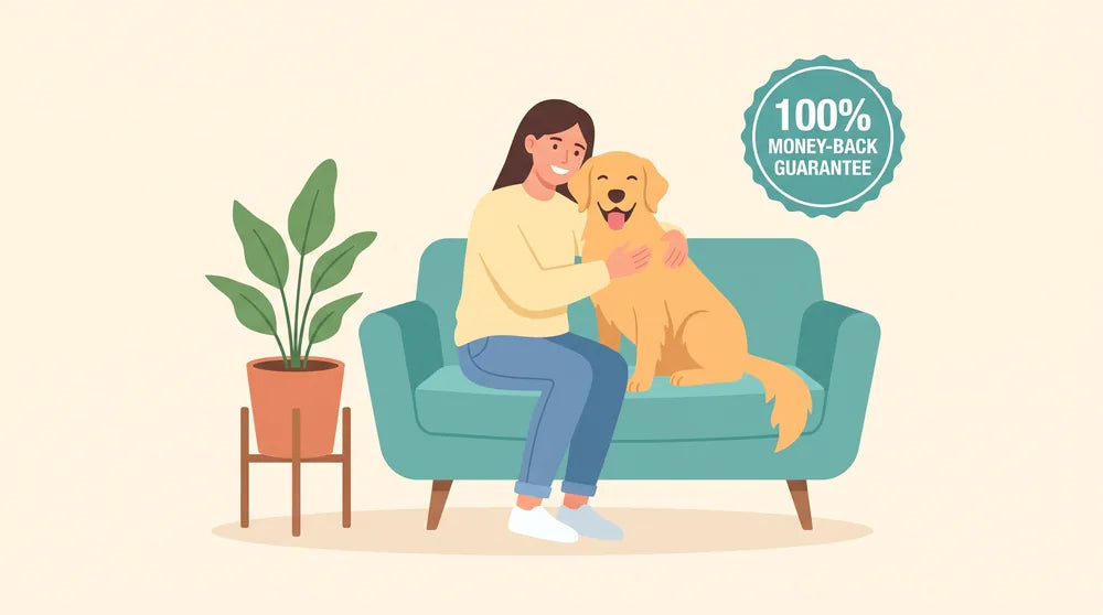 Illustration: a smiling owner hugging her dog, with a 100% money-back guarantee badge