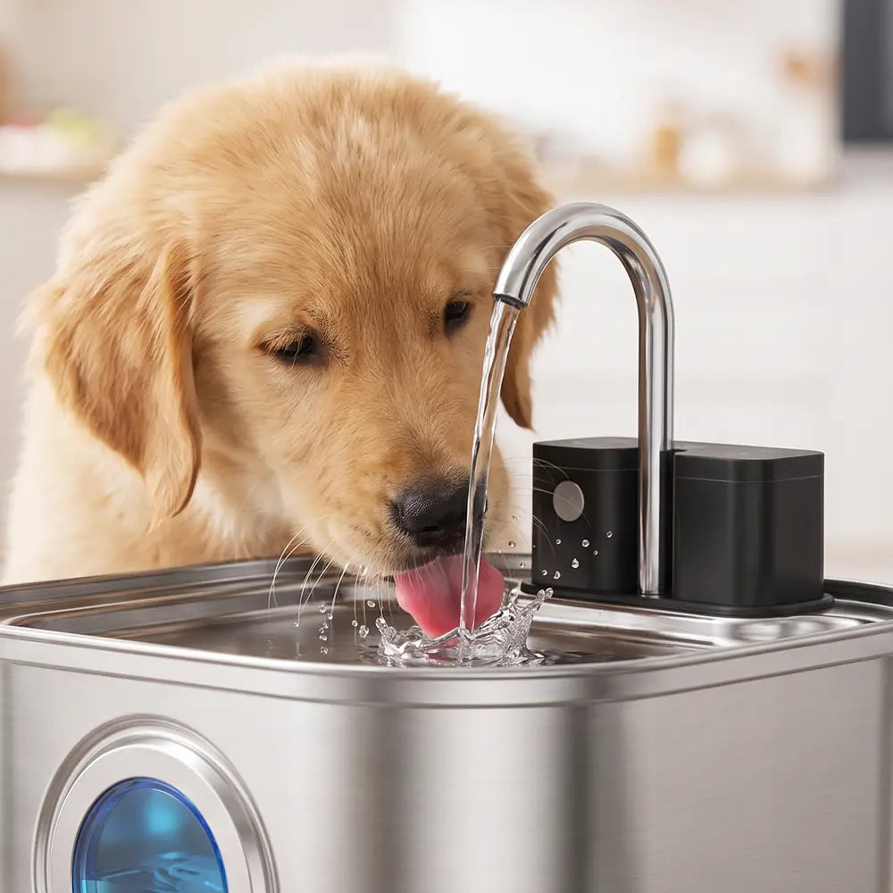A golden retriever puppy lapping the KaiShine stream