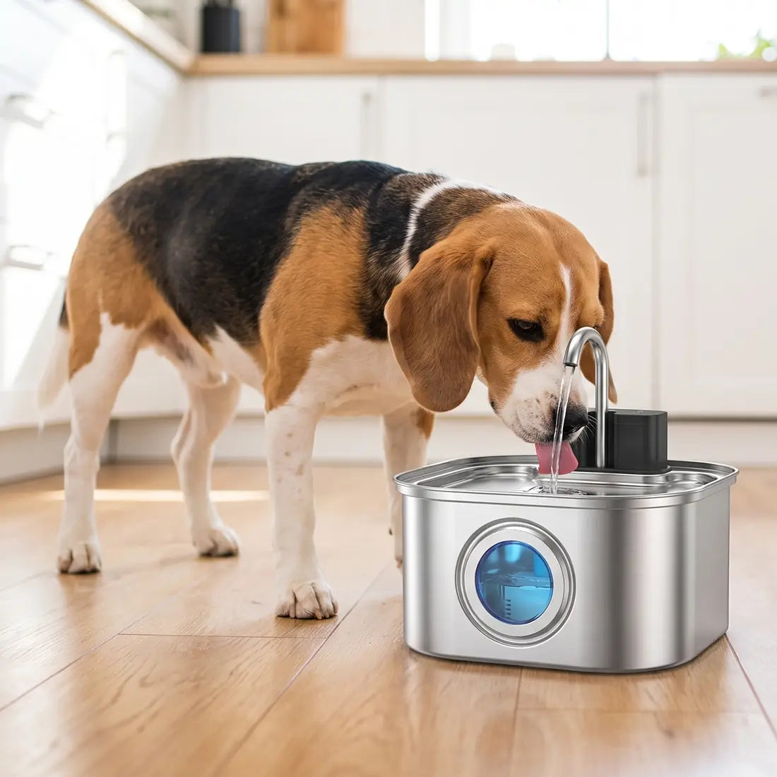 A beagle drinking from KaiShine in a bright kitchen