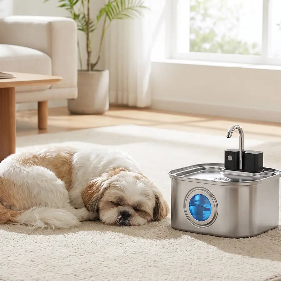 A Shih Tzu napping next to KaiShine, the porthole showing the water level