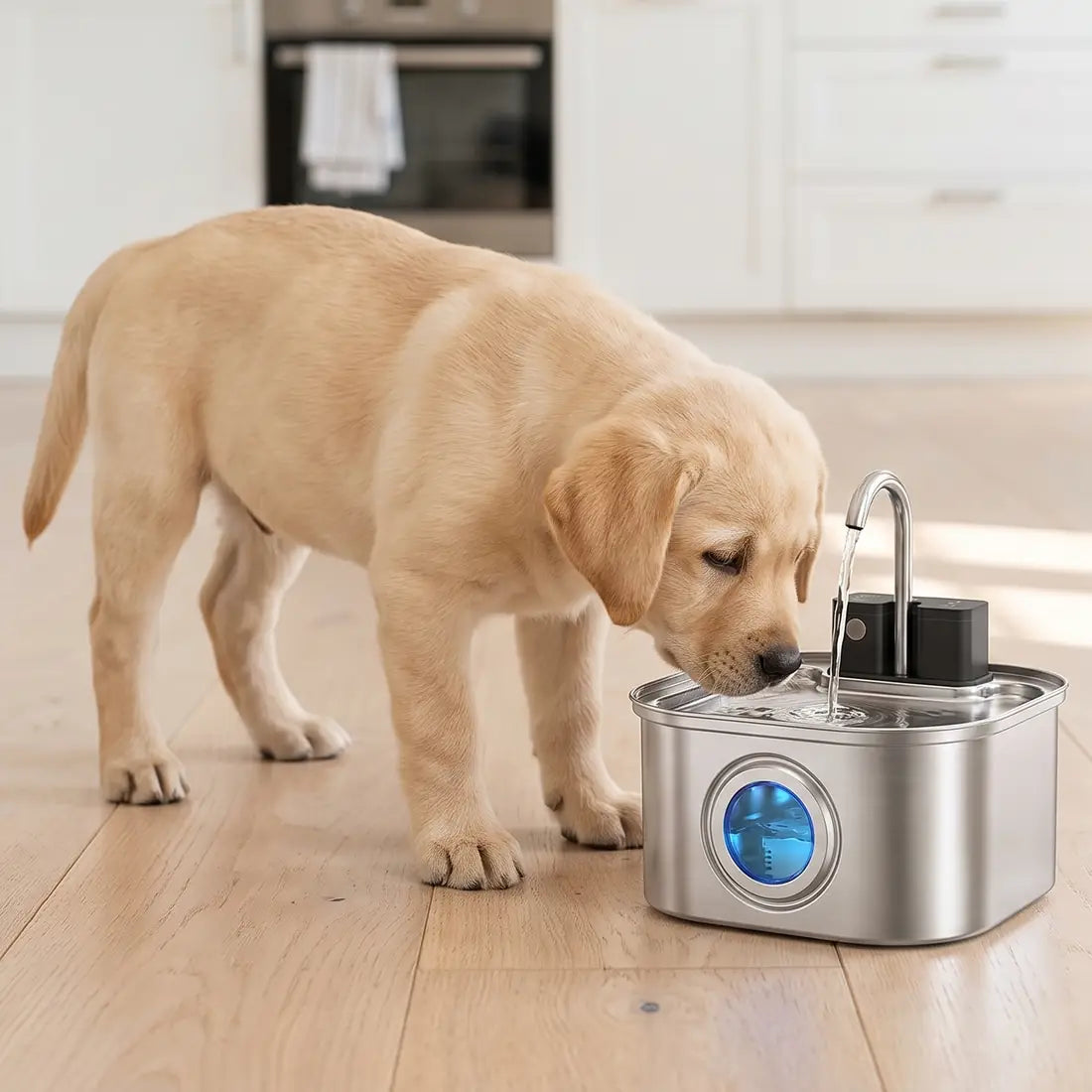 A Labrador puppy sniffing the cordless KaiShine
