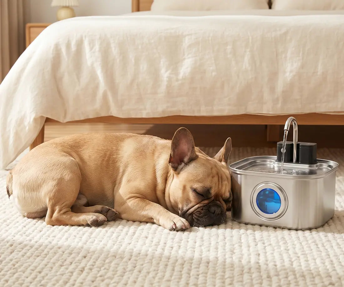 A French bulldog asleep right next to the quiet KaiShine fountain