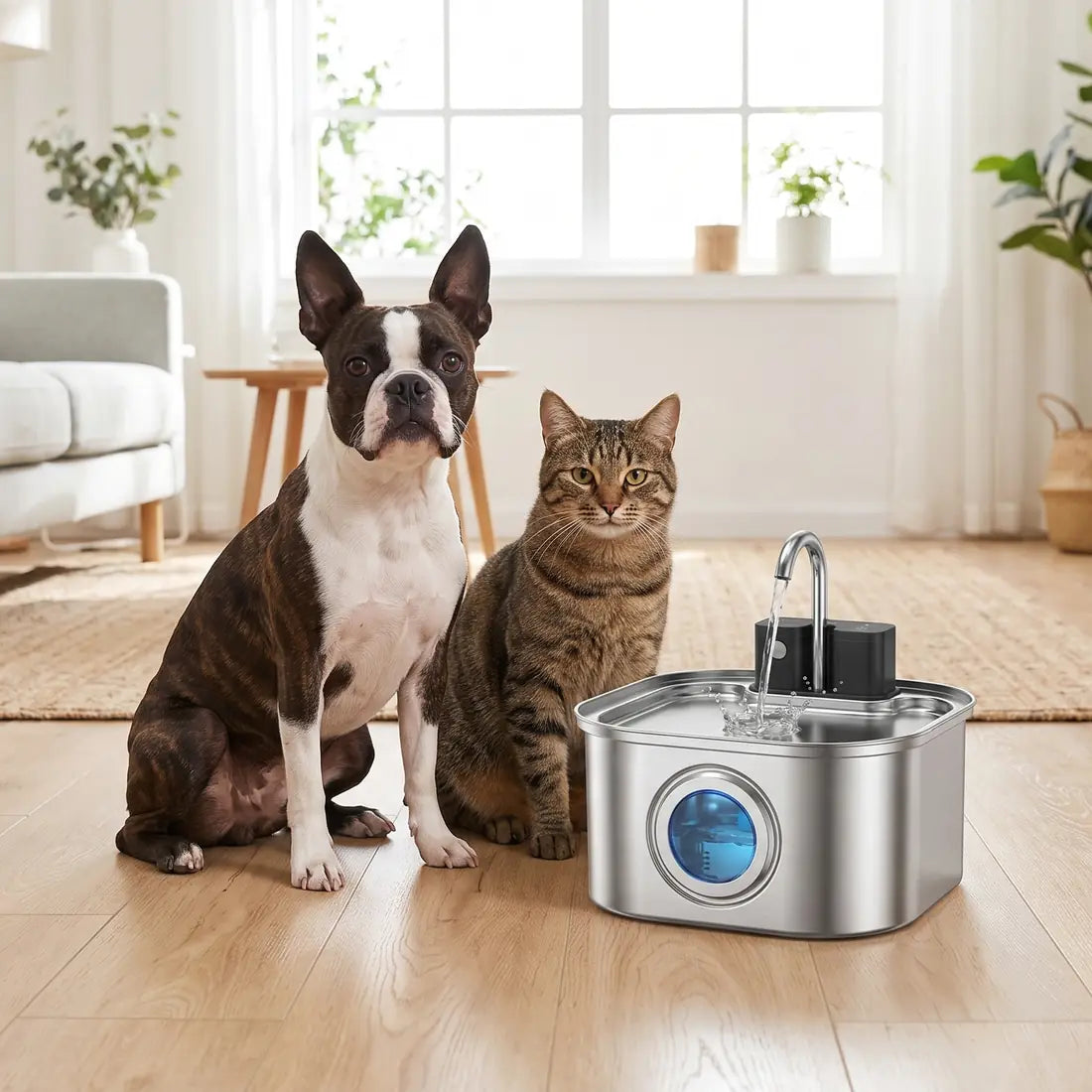 A Boston terrier and a tabby cat sitting beside one KaiShine