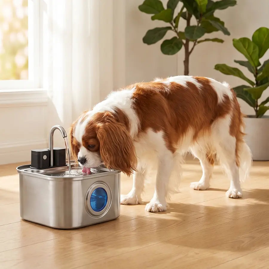 A Cavalier King Charles spaniel drinking from KaiShine by a window