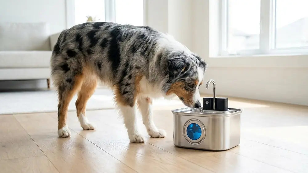 A mini Aussie sniffing KaiShine for the first time