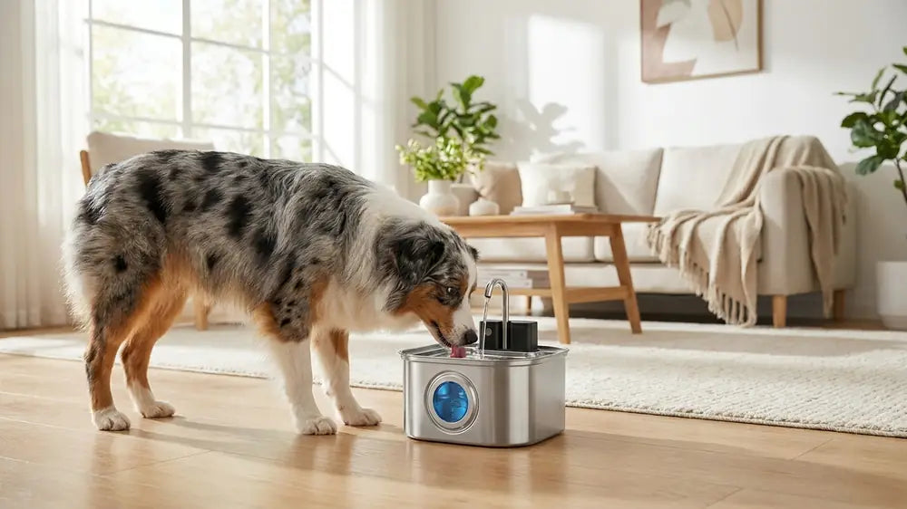 A mini Aussie drinking from KaiShine