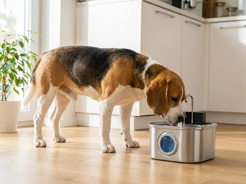 A beagle drinking from KaiShine