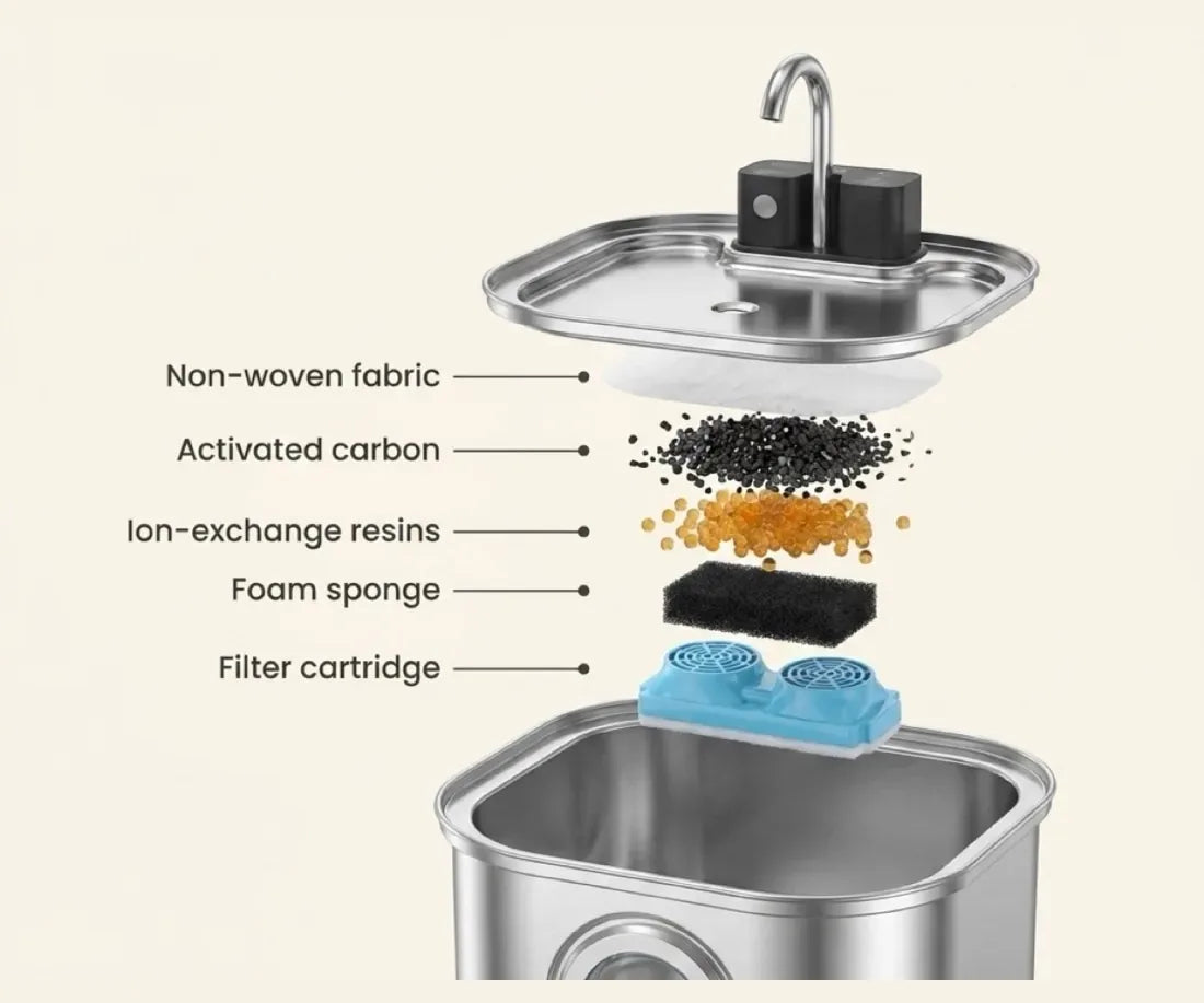 The four filter stages: non-woven fabric, activated carbon, ion-exchange resin and a foam sponge
