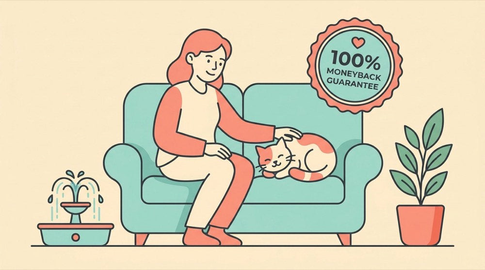 Illustration: relaxed owner and cat with a 100% moneyback guarantee badge