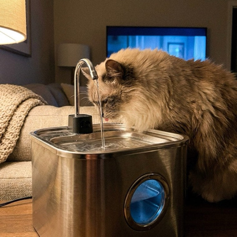 Fluffy cat drinking from KaiShine in warm light