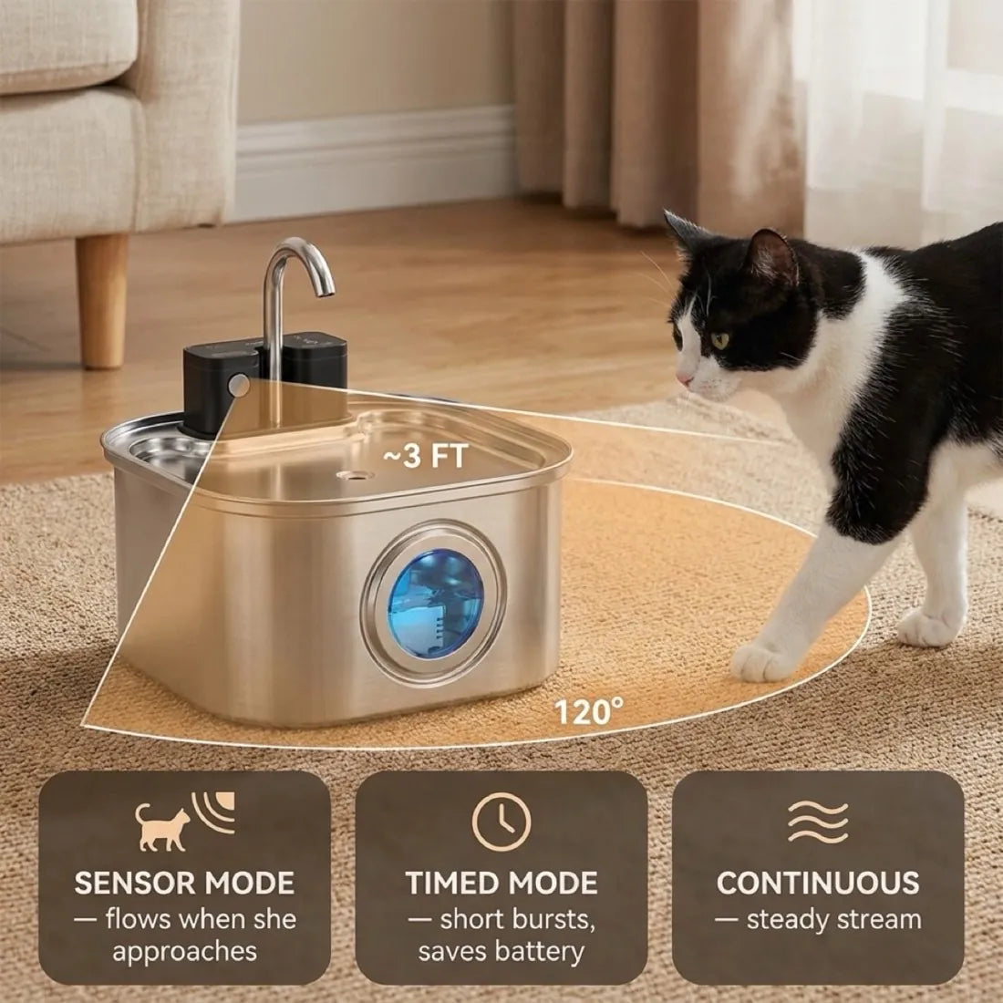 Sensor, timed and continuous flow modes