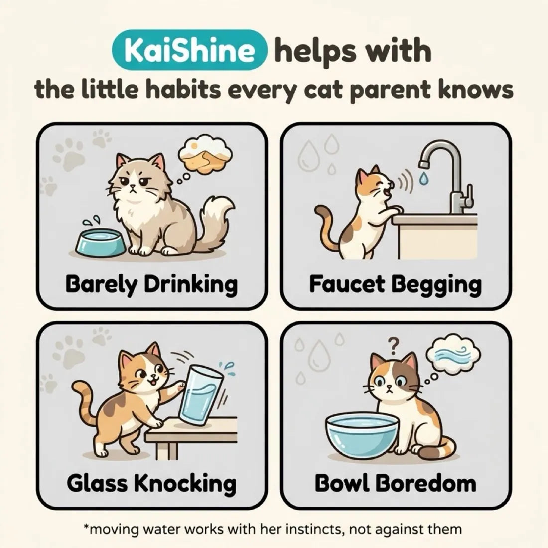 KaiShine helps with faucet begging, glass knocking and bowl boredom