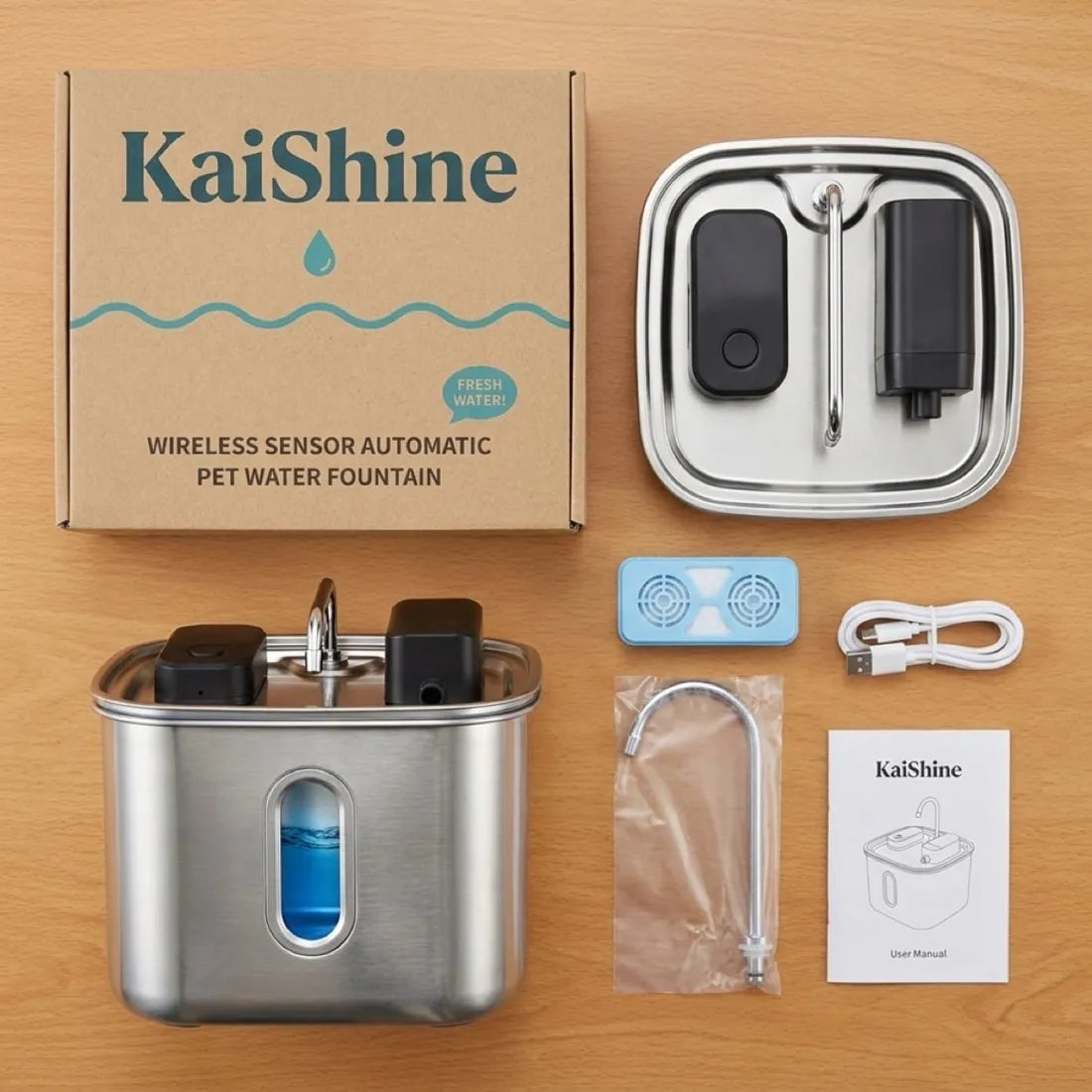 What's in the box — fountain, filters, USB-C cable and manual